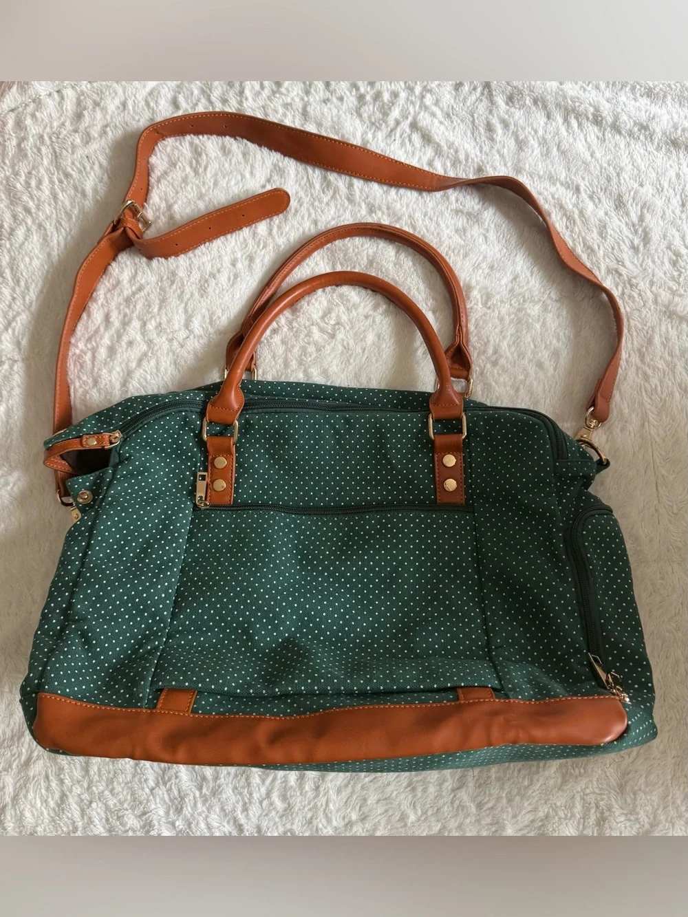 Canvas Polka Dot Travel Duffle Bag - Green with Tan Trim